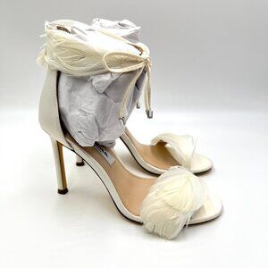 Nina Womens 6 Ivory White Satin Feather‎ Embellished Heels Dress Sandals Shoes